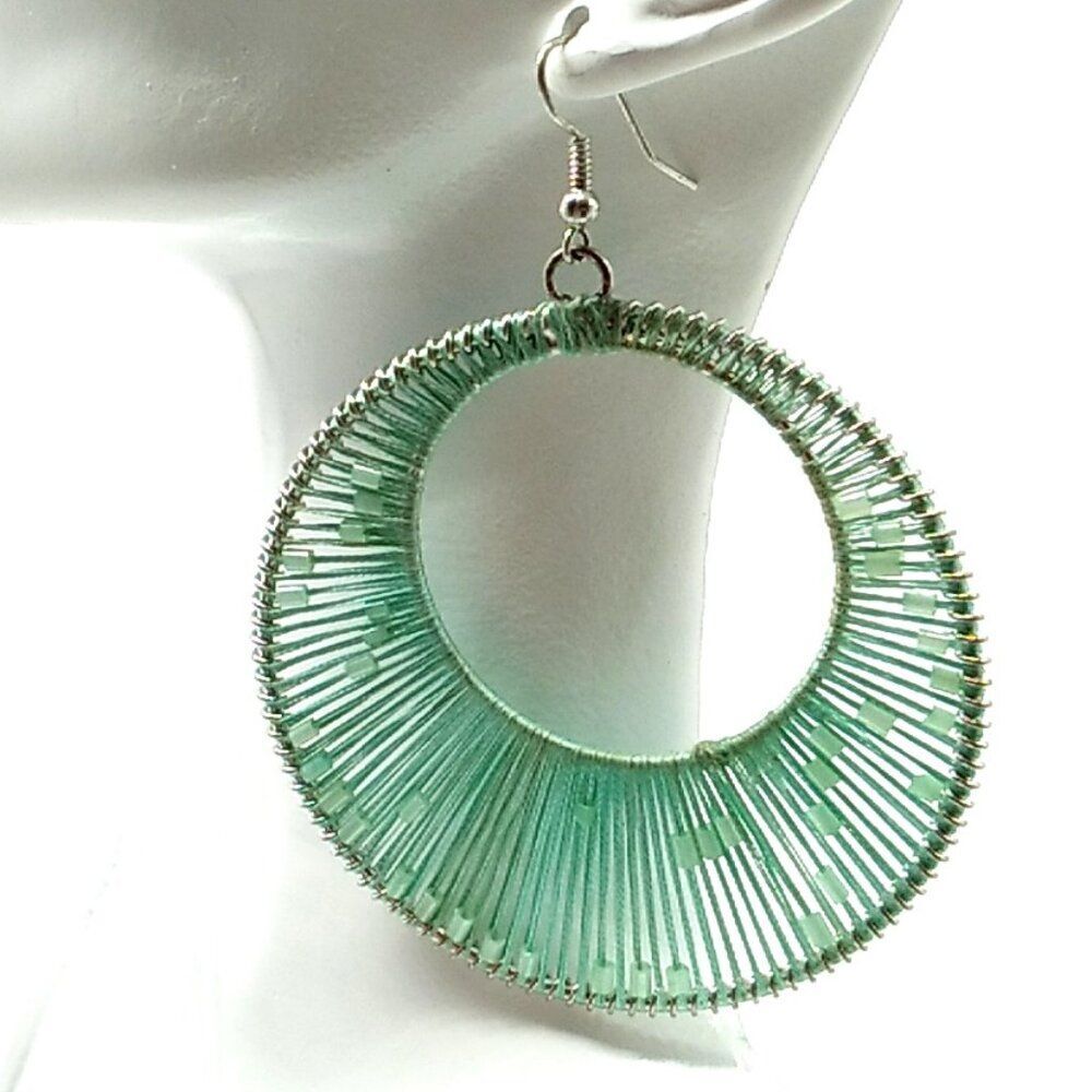 Green Thread-Wrapped Beaded Open Circle Drop Earrings
